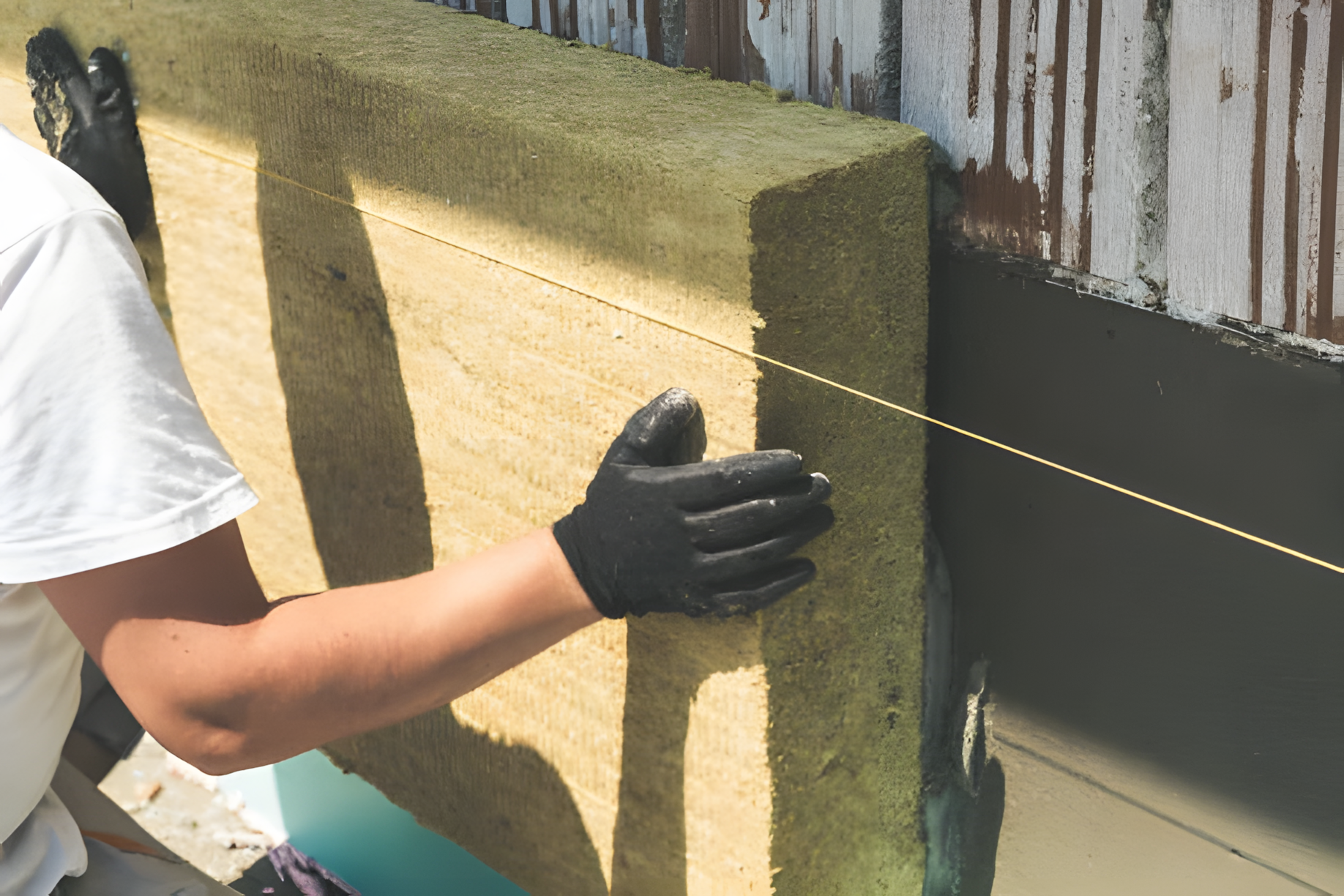 artisan posant des plaques d'isolant sur une façade